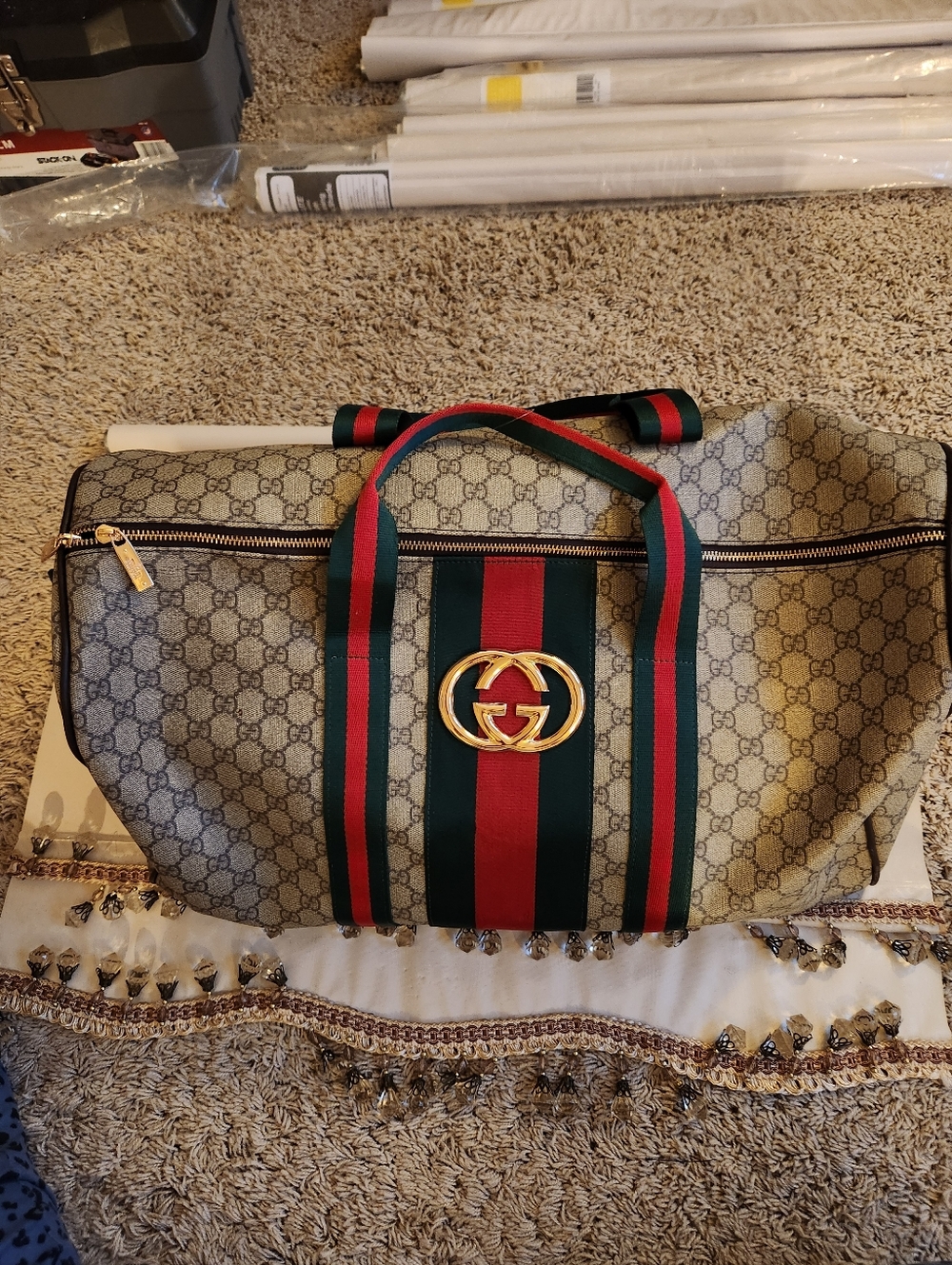 Gucci Beige GG Canvas Tote with Red and Green Web Stripe - Picture 5 of 6